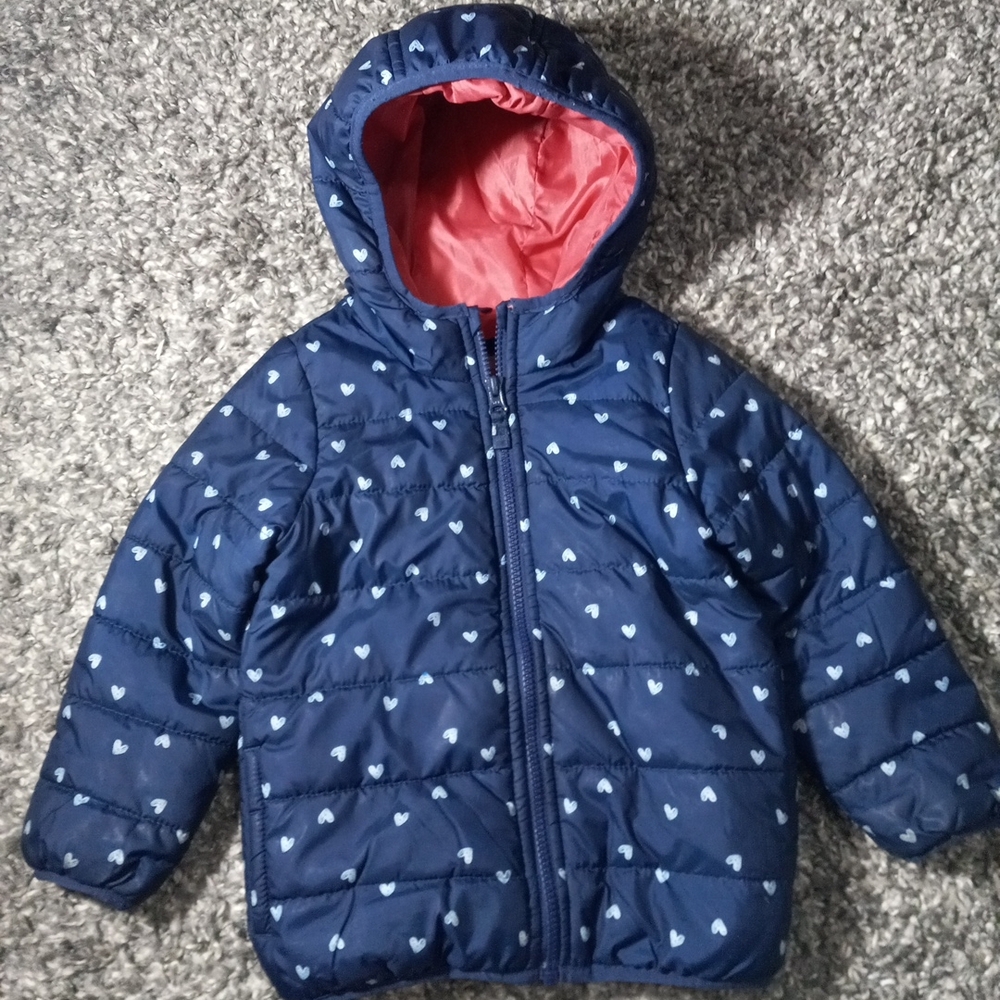 🔥Kids Carters Navy Blue Heart Pattern Puffer Jacket Coat Size 4T Girl